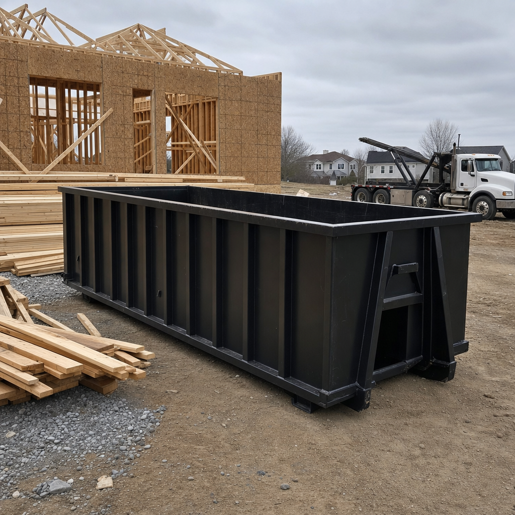 Matte-black 40-yard roll-off dumpster staged on a framed-out residential construction site in Hartford, framing lumber stacked nearby, hooklift delivery truck visible in the background under bright Colorado daylight