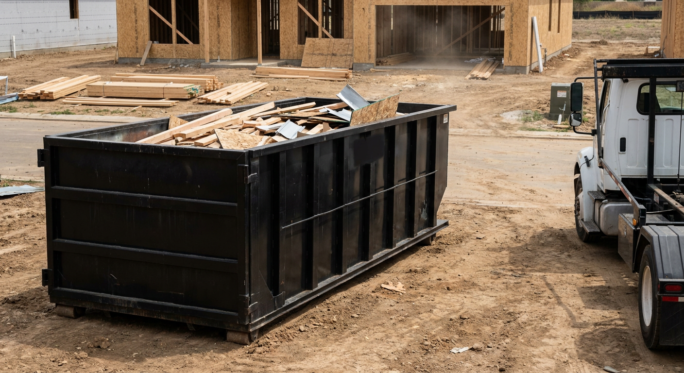 Matte-black 20-yard roll-off construction dumpster with heavy ribbed steel sidewalls and swing rear doors at a working jobsite in Hartford, sitting directly on compacted dirt with an unmarked white hauler partially visible at the far edge of the frame.