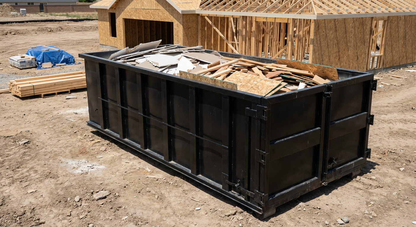 Matte-black 30-yard roll-off construction dumpster sitting directly on the compacted-dirt site of a framed single-family home build in Hartford, drywall and lumber scrap loaded inside.