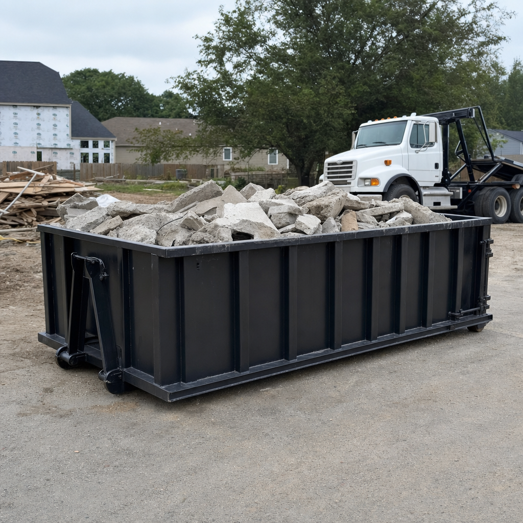 Low-profile matte-black lowboy roll-off dumpster loaded with broken concrete slab and rebar at a foundation tear-out in Hartford, skid steer parked beside it, sunny Colorado morning