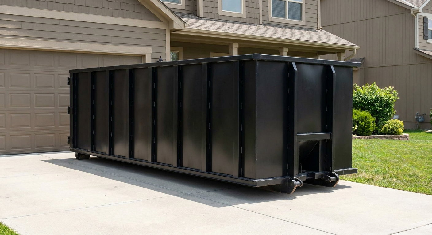 Matte-black residential roll-off dumpster sitting directly on a suburban Hartford concrete driveway, garage door closed, single-family home in background, bright morning daylight.
