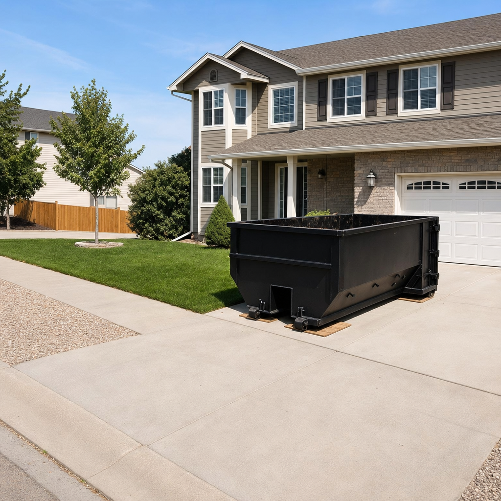 10-yard matte-black residential dumpster placed directly on a narrow Hartford concrete driveway, room remains for a parked sedan beside it, mid-morning natural light