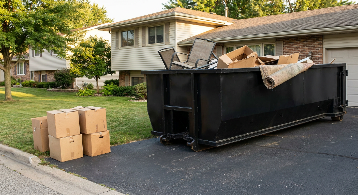 Front-yard view of a Hartford split-level home with a 20-yard matte-black roll-off dumpster sitting directly on the asphalt driveway, a few clearly labeled donation boxes staged at the curb, calm sunny afternoon.