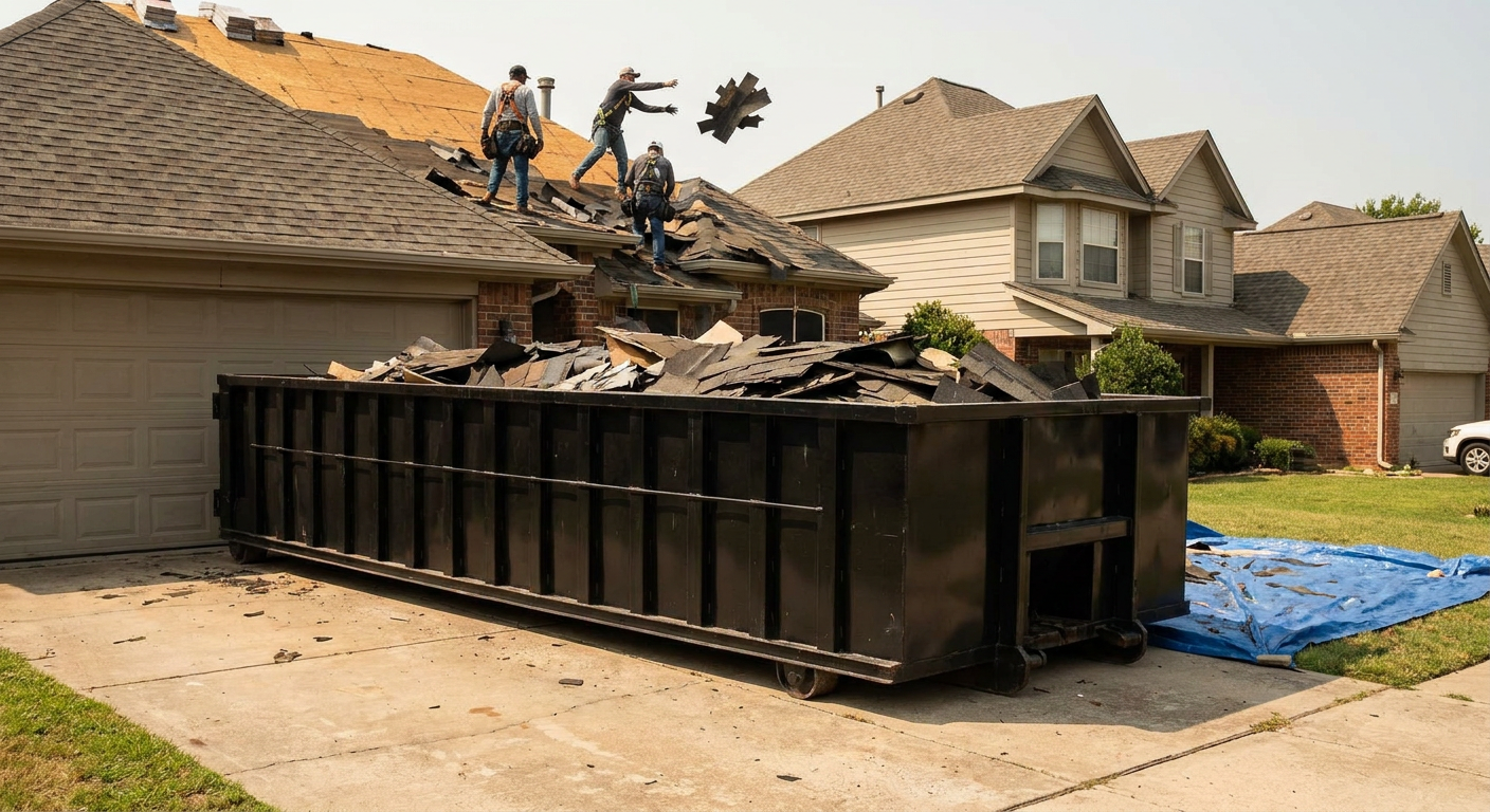 Matte-black roofing roll-off dumpster placed directly on a Hartford residential concrete driveway, a tear-off crew on a two-story asphalt-shingle roof tossing shingle bundles into the low-walled container, bright daylight, documentary 35mm perspective.