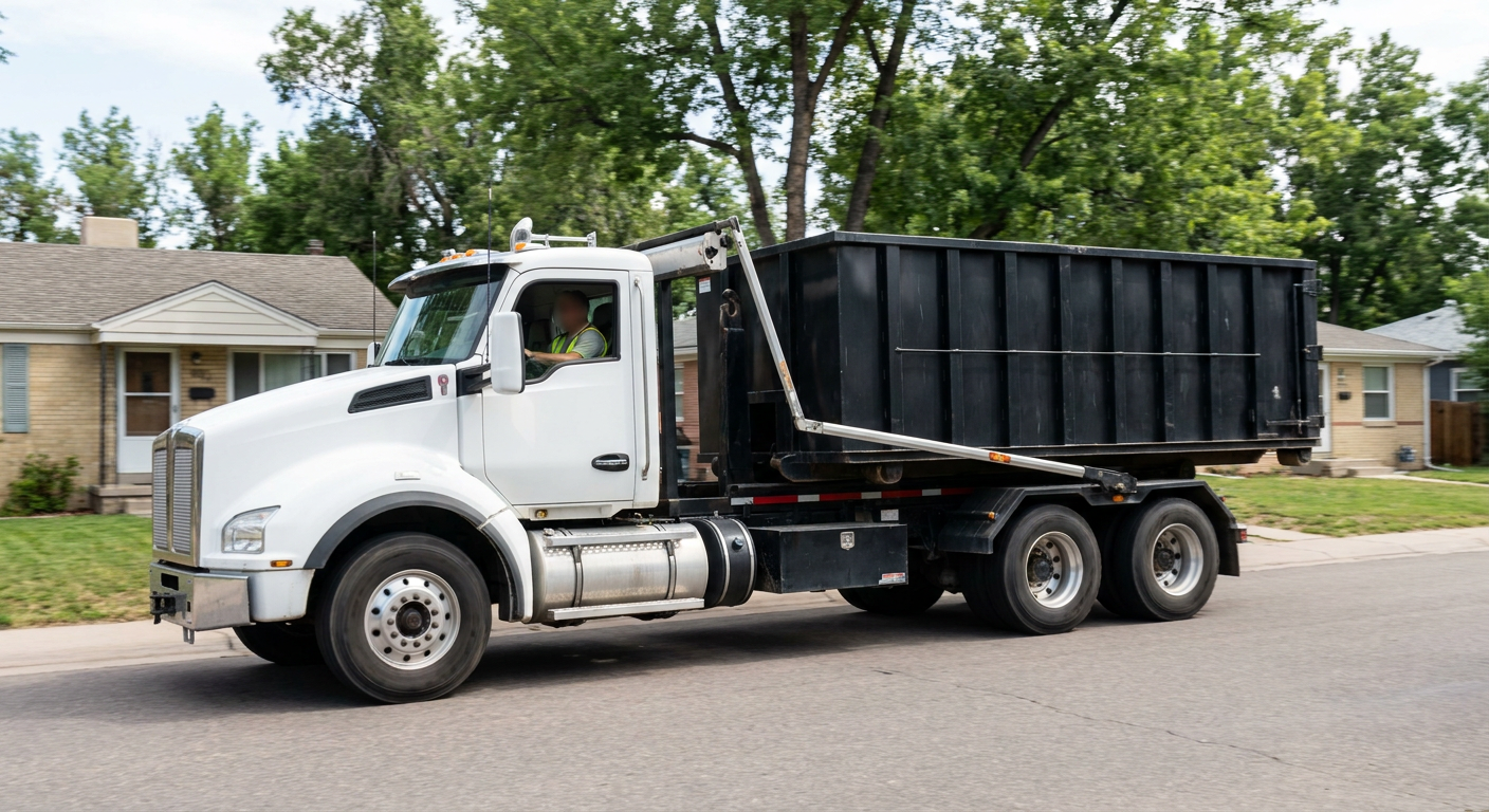 A wide documentary shot of a matte-black roll-off delivery truck pulling onto a quiet Hartford residential street at mid-morning, with neighborhood rooftops and tree-lined blocks visible behind, showing the metro coverage footprint.