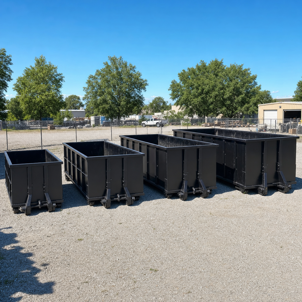 A clean lineup of matte-black roll-off dumpsters in 10, 20, 30, and 40-yard sizes staged on a sunlit gravel yard in Hartford, showing the size progression from compact to commercial-scale containers.