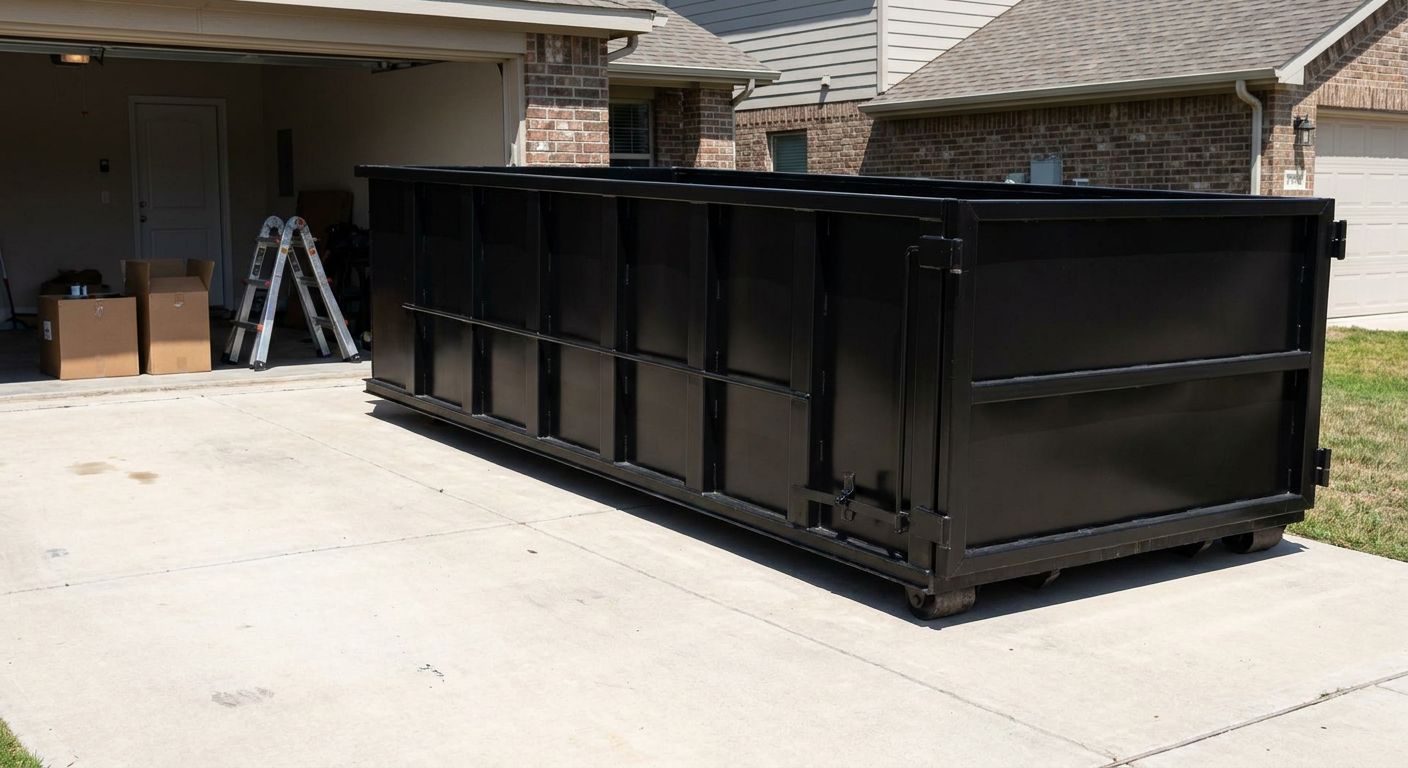 A matte-black 10-yard roll-off dumpster sitting directly on a residential Hartford concrete driveway, mid-day sunlight, clean and ready for a garage cleanout.