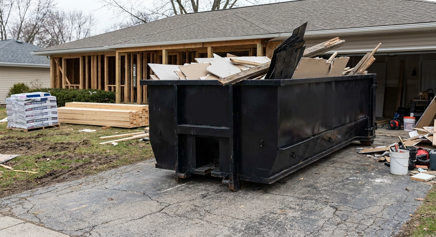 A matte-black 20-yard roll-off dumpster placed alongside a mid-renovation Hartford home directly on the asphalt driveway, with framing materials and torn-off shingles staged neatly nearby.