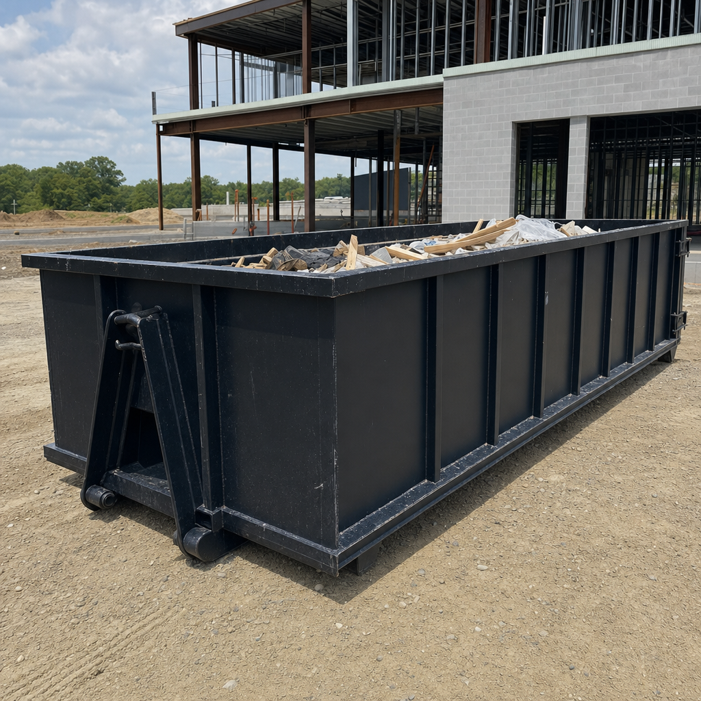 A matte-black 40-yard roll-off dumpster staged on a large Hartford commercial construction lot, with a hooklift delivery truck parked alongside under bright midday sky.